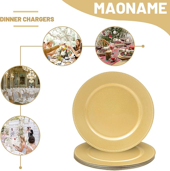 MAONAME 13" Gold Charger Plates Set of 6, Round Charger for Dinner Plates, Plate Chargers with Beaded Rim, Plastic Table Chargers for Wedding, Party