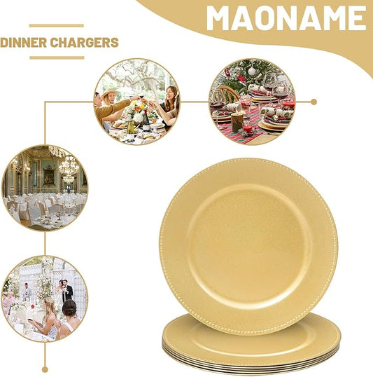 MAONAME 13" Gold Charger Plates Set of 6, Round Charger for Dinner Plates, Plate Chargers with Beaded Rim, Plastic Table Chargers for Wedding, Party