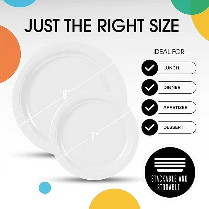 Exquisite White Paper Plates Disposable Heavy Duty 100 Pcs - 50-7" & 50-9" White Disposable Plates For Party Heavy Duty Paper Plate 350 GSM Birthday Party Supplies Plate Set