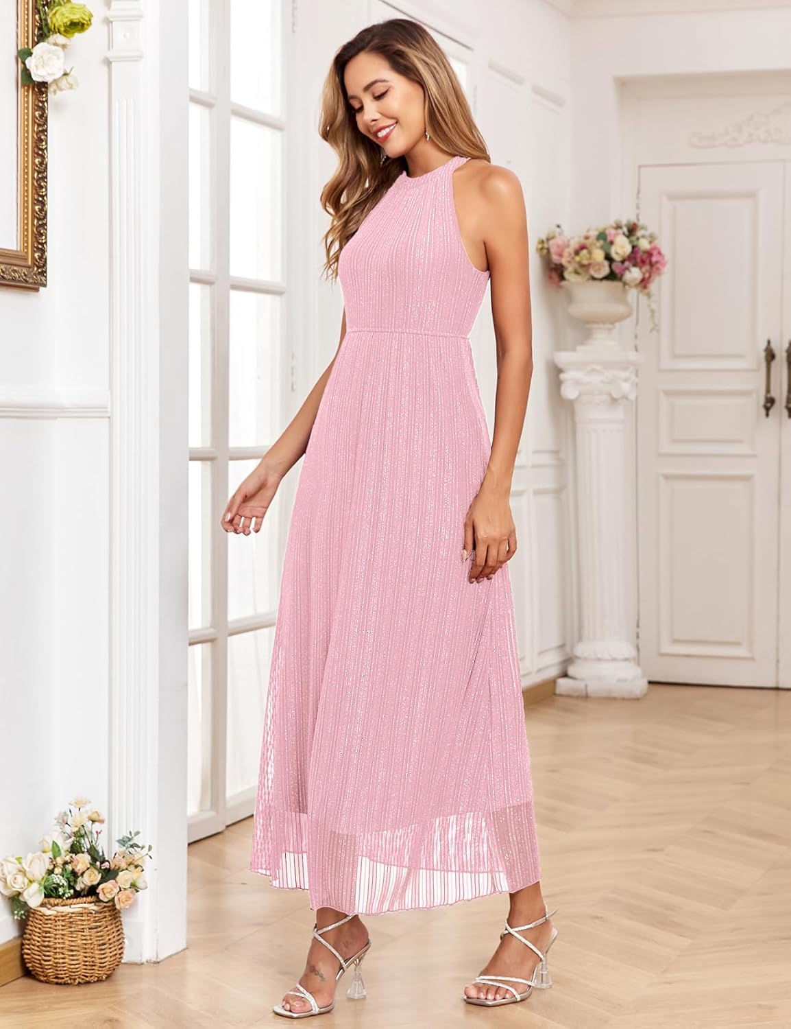 Maternity Sparkly Mesh Dress Halter Neck Sleeveless A Line Pregnancy Dresses Semi Formal Baby Shower Photoshoot