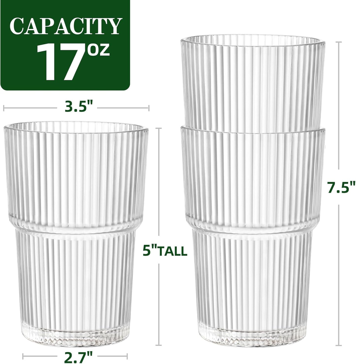 17oz Shatterproof Ribbed Glasses, Plastic Tumblers for Poolside – Clear Acrylic Cups, Stackable & Reusable, Dishwasher Safe Drinkware – Set of 8