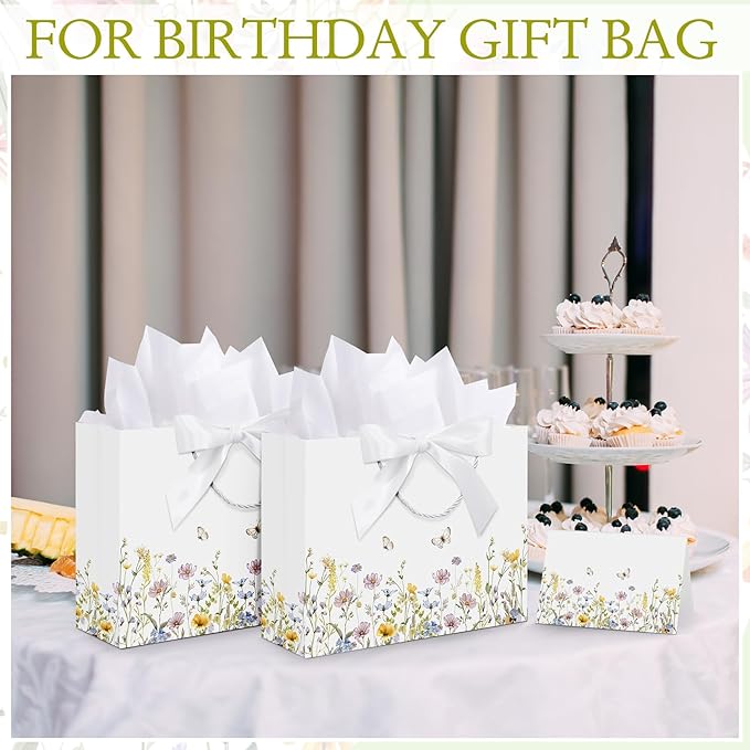 Maitys 12 Sets 13" Large Wildflower Gift Bag Spring Butterfly Floral Gift Bags with Tissue Papers, Ribbons and Greeting Cards for Wedding Bridal Shower Birthday Spring Tea Party Supplies