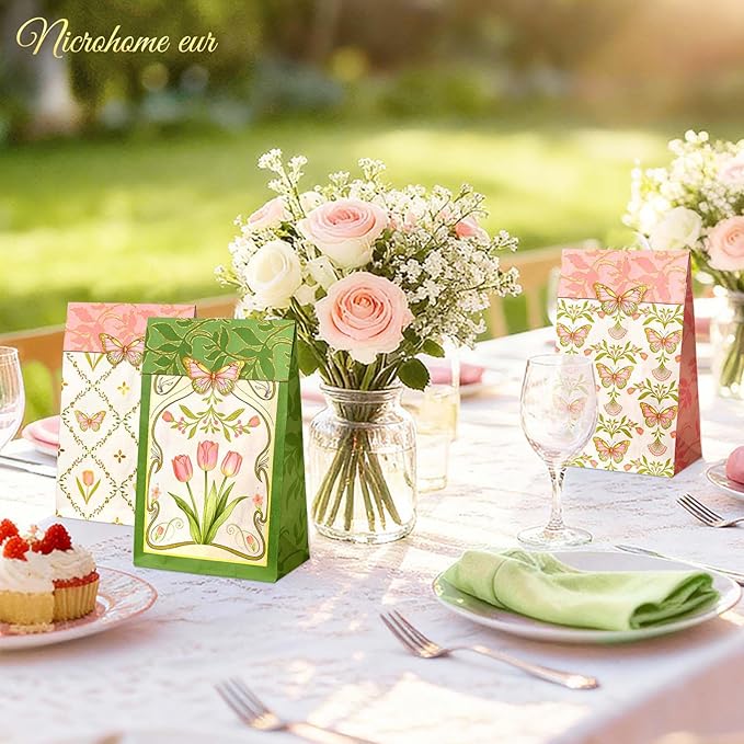 NICROHOME EUR Floral Gift Bags with Butterfly Stickers, 24 Pack Small Kraft Paper Bags Green Pink Tulip Design, Party Favors Bags Bulk for Girls Women Birthday Baby Shower Mother's Day Gift Packing
