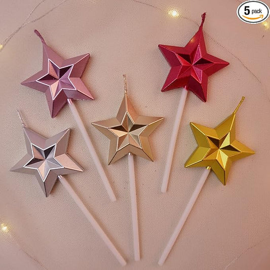 Saododku Birthday Candles, Star Shaped Birthday Candles for Cake, 5pcs Sparkler Candles for Birthday Cake, Metallic Multi-Colored Stereo Shaping Cake Candles Set