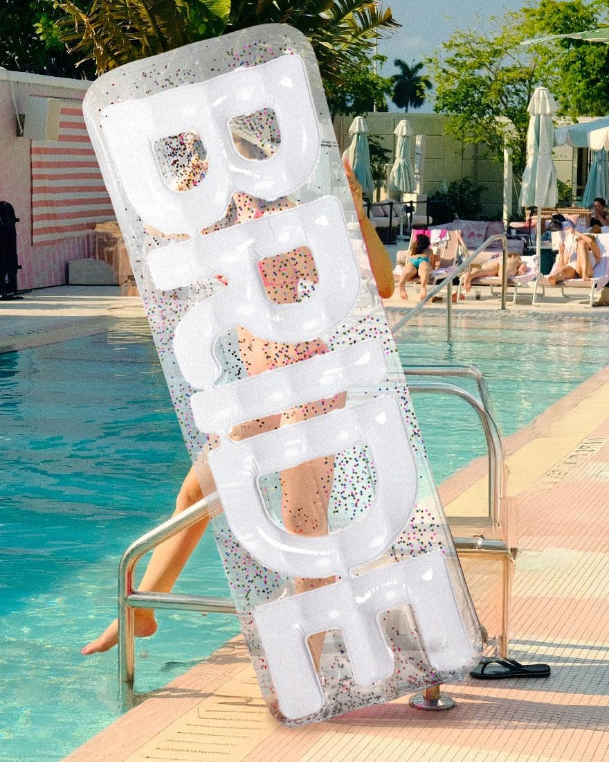 xo, Fetti Clear Bride Pool Float, Multicolor Confetti - 6 Ft. | Bachelorette Party Decorations, Beach Bridal Shower Supplies, Cute Bridal Decor