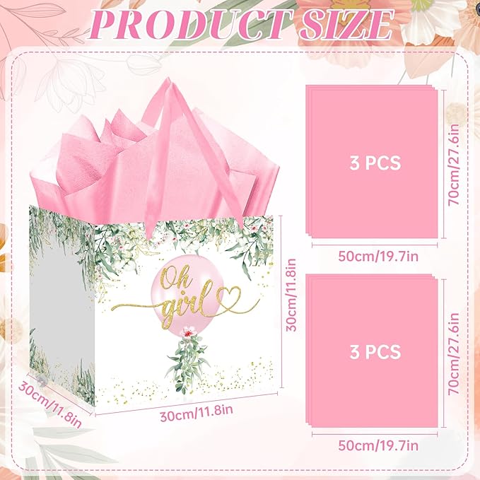 Woosytoo Extra Large Baby Girl Gift Bag Greenery Baby Shower Square Gift Bags with Tissue Paper Oh Girl Watercolor Pink Balloon Wrapping Paper Bag for Girls Baby Shower Gender Reveal Party Favors