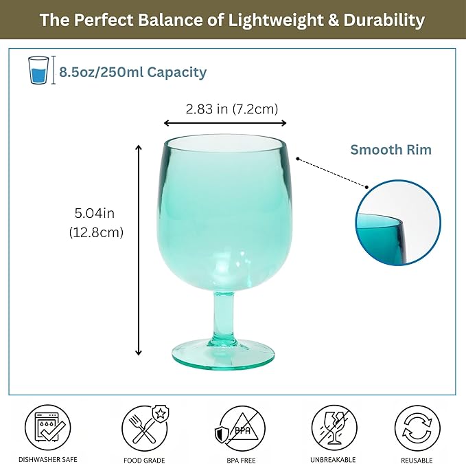 8.5 oz Plastic Stem Wine Glasses, Colored Stackable Acrylic Goblets, Reusable Drinking Cup for Kids, BPA-Free, Dishwasher Safe Tumblers for party (Set of 8, Gift Box)