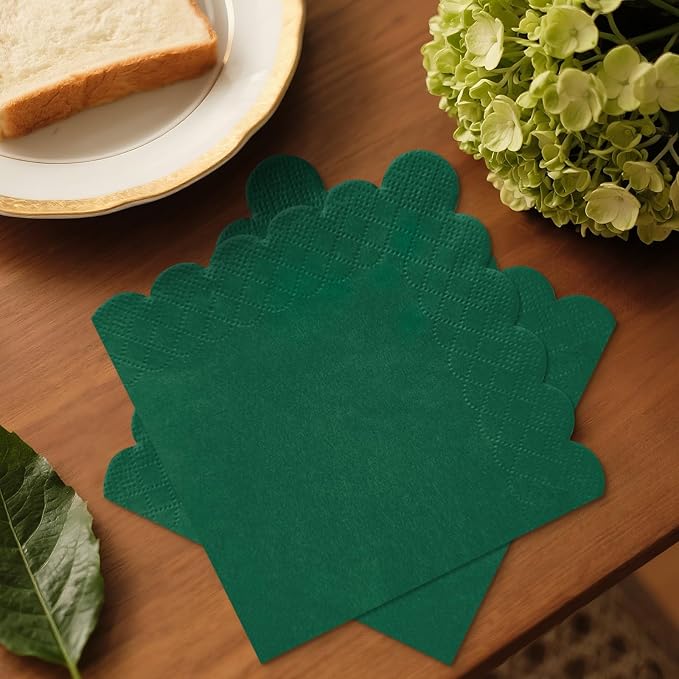 120 Pcs Dark Green Scalloped Cocktail Napkins,2-Ply Dark Green Disposable Beverage Party Napkins for Dinner Wedding Birthday Baby Shower