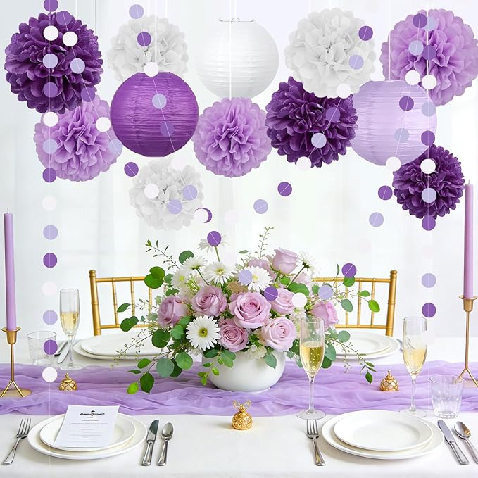 14 Pcs Purple Birthday Decorations for Women - Lavender & Lilac Tissue Pom Poms, Lanterns & Polka Dot Garland for Girls Party, Graduation, Baby Shower, Princess Theme & Bridal