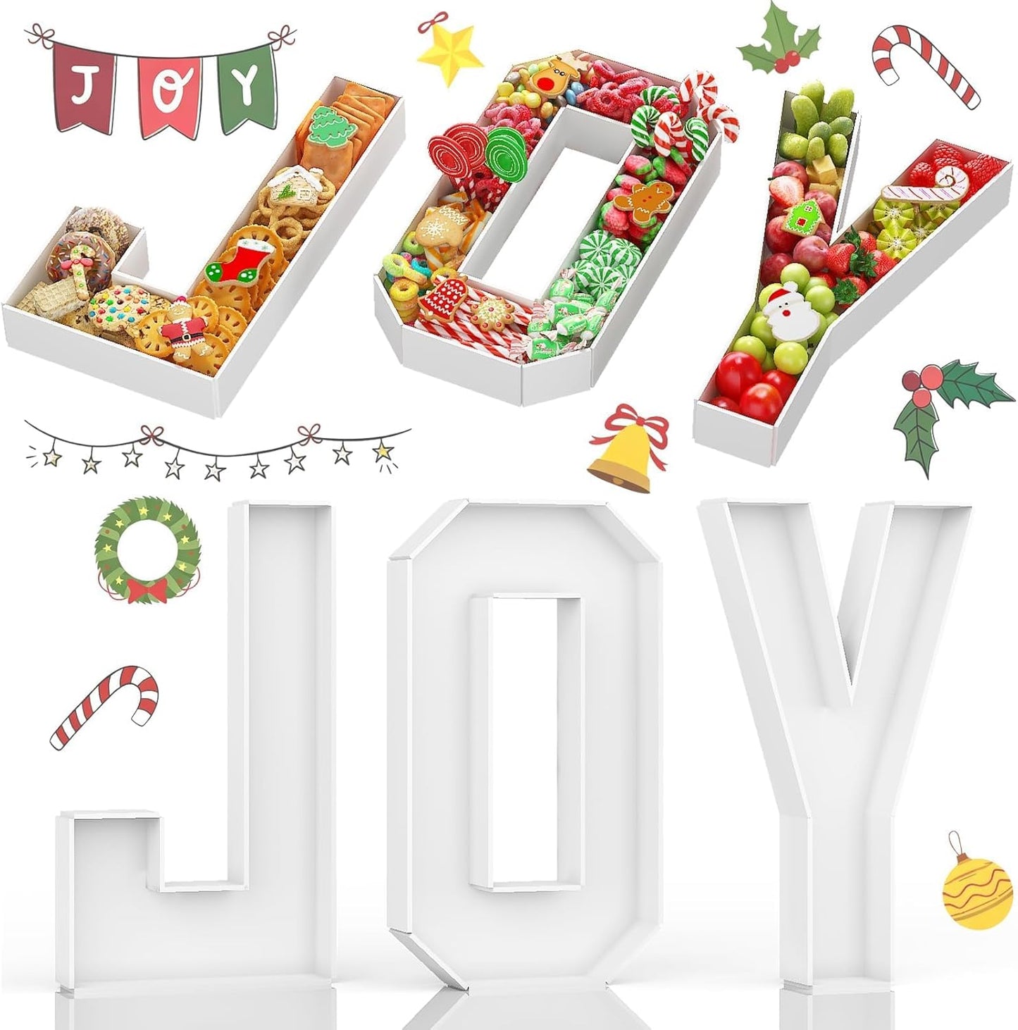 JOY Letters for Christmas Party Decorations, 13.7 Inch Charcuterie Cardboard Letters Fillable Paper Mache Letter Trays for Cookies Candy Cake Food Display Letter Box for Xmas New Year Holiday Party