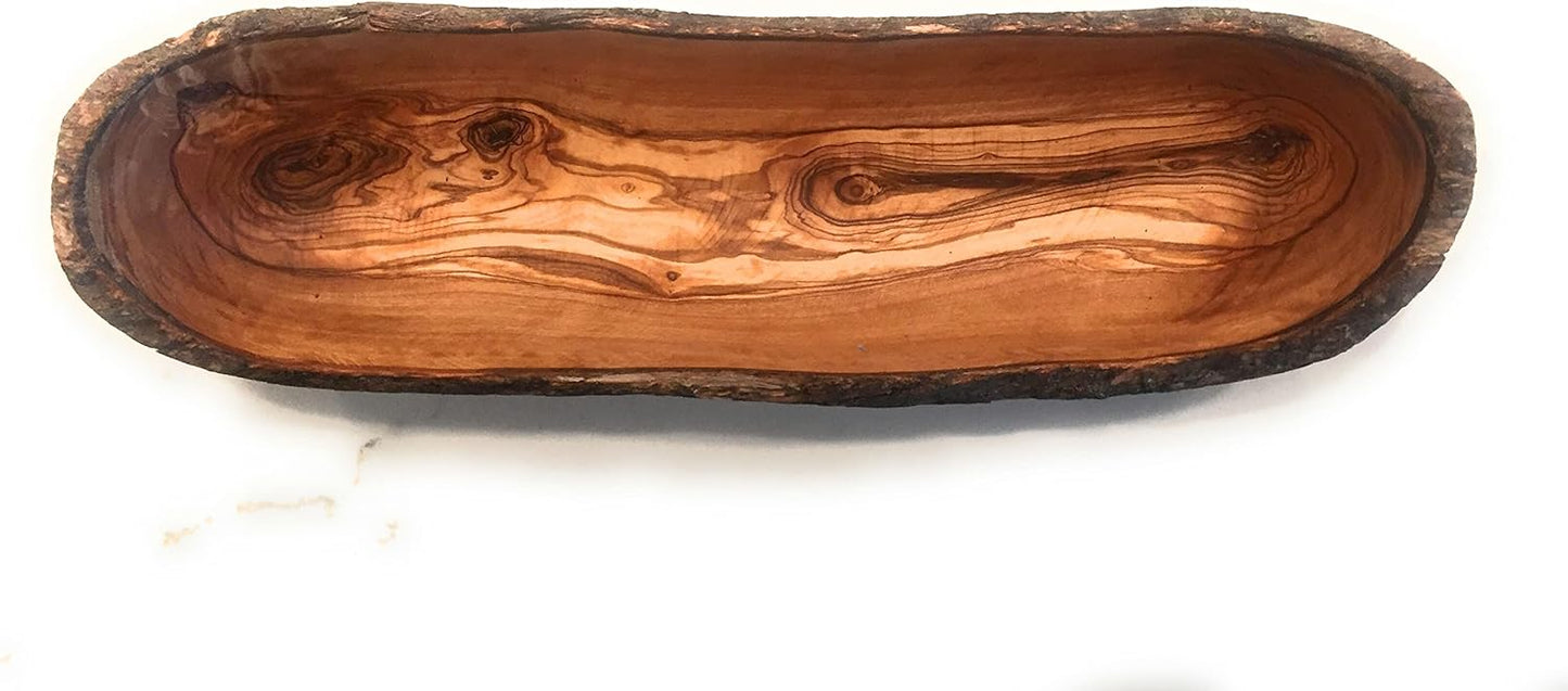 14" Rustic Olive Wood Bread Basket- Live Bark Edge, Oval Baguette Dough Bowl Natural Serving Bowl for Italian Bread, Fruit, Food. In Med 14", Lg 18" (Medium 14 x 3-4 x 1.5-3")