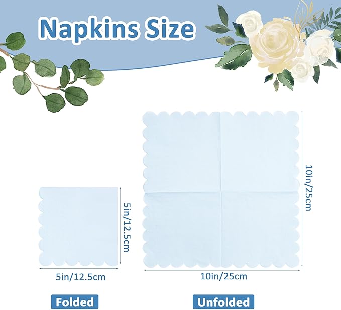 100 Pcs Light Blue Napkins Scalloped Edged Dessert Cocktail Napkins Folded 5 x 5 Inches Disposable Napkins for Dinner Wedding Birthday Party
