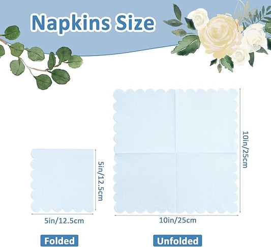 100 Pcs Light Blue Napkins Scalloped Edged Dessert Cocktail Napkins Folded 5 x 5 Inches Disposable Napkins for Dinner Wedding Birthday Party