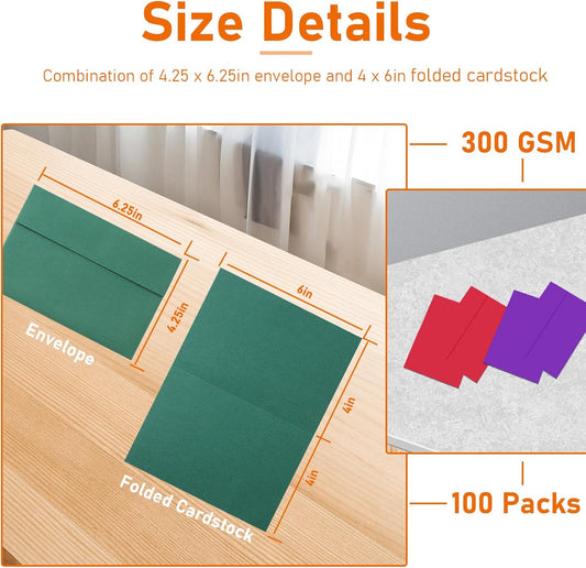 100 packs 10 Assorted Blank Colors Greeting Cards and Envelopes 4 x 6 Printable Heavyweight Folded Cardstock and A4 Envelopes Self Seal for Christmas, Invitations, Birthday, Thank You Cards
