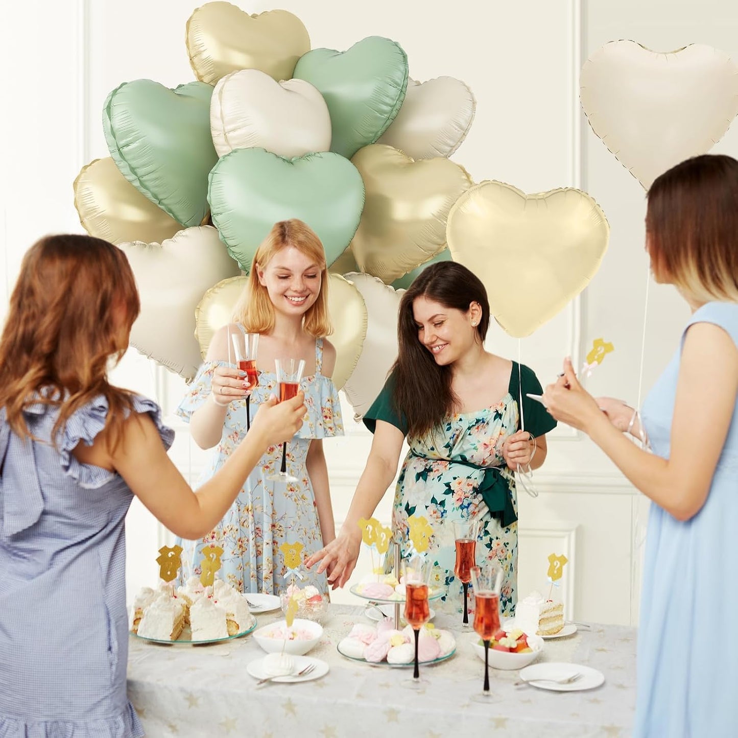 Sage Green Gold Heart Balloons,12Pcs Light Gold Heart Shaped Foil Balloons,18Inch Cream White Helium Balloon for Baby Shower Birthday Anniversary Wedding Party Decorations