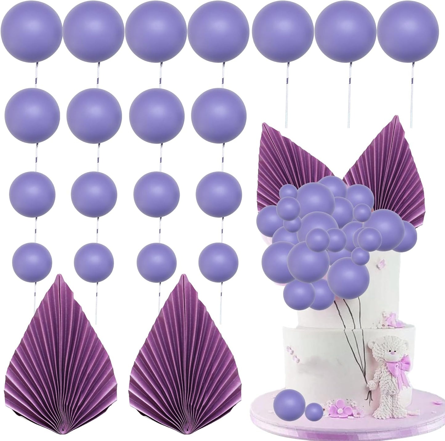 Ephlyn 28Pcs Paper Palm Fan Cake Topper Balls Cake Pick Wedding Bridal Shower DIY Cake Decorations for Baby Shower Wedding Birthday Anniversary Party Supplies Purple