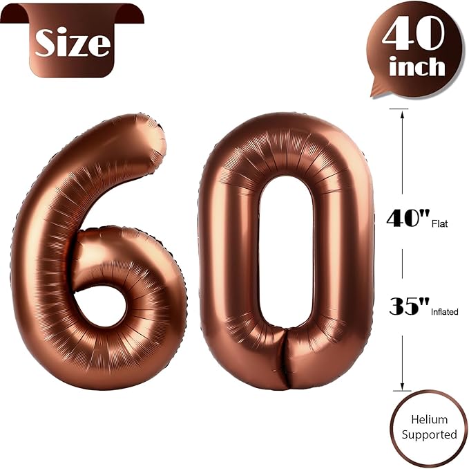 Dark Brown Number 60 Balloon 40 inch, 60 Number Balloons, 60th Dark Brown Birthday Decorations, 60 Year Old Women Men Party Supplies