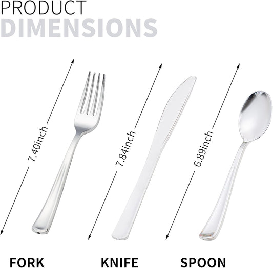 50 Pack Pre Rolled Silver Plastic Silverware Set, Disposable Wrapped Plastic Cutlery Set (50 Forks, 50 Knives, 50 Spoons, 50 Napkins) for Wedding Party