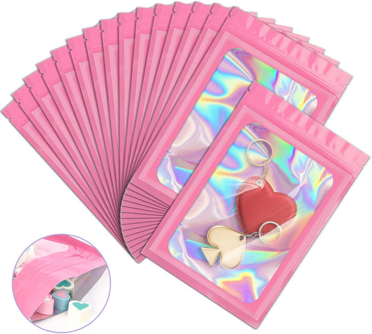 100 Pieces Smell Proof Mylar Resealable Bags, Holographic Packaging Bags, Resealable Odor Foil Pouch Zip Bag with Clear Window for Food Storage and Lipgloss, Jewelry Lash (Pink, 3.1 x 5.1 Inch)