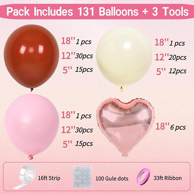 131Pcs Burgundy Red and Pink Valentines Balloons Arch Kit with Ivory & Rose Gold Heart Shaped Foil Balloons - Birthday, Proposal, Valentine's Day Decorations, Mother's Day, Wedding, Party Backdrop