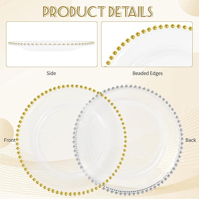 50 PCS Clear Round Charger Plates with Beaded Rim, 13 Inch Plastic Acrylic Plate, Plastic Round Beaded Dinner Decorative Service Plates for Wedding Party Event, Home Kitchen Tabletop(Gold)