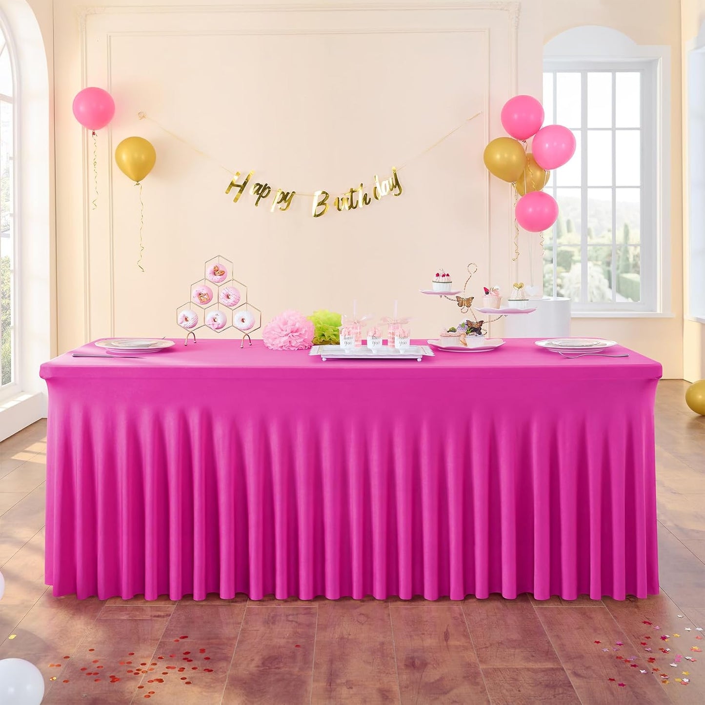 4 Pack Hot Pink Spandex Table Clothes for 8 Foot Rectangle Tables, Wrinkle Free Fitted Table Cover 8ft Fuchsia Stretch Tablecloths with Skirt for Parties Weddings Birthday Banquet Baby Shower
