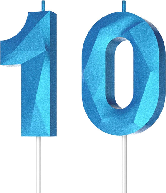 Number Birthday Candles(10 Candle Blue) 3D Diamond Shape Number Happy Birthday Cake Candles for Birthday Party Wedding Decoration Reunions Theme Party