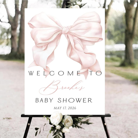 Personalized Pink Bow Baby Shower Welcome Sign, Custom Minimalist Bow Baby Girl Party Sign, Baby's Shower Gifts, Birthday Gifts, Gender Reveal Decorations, Newborn Announcement Party Supplies - 07