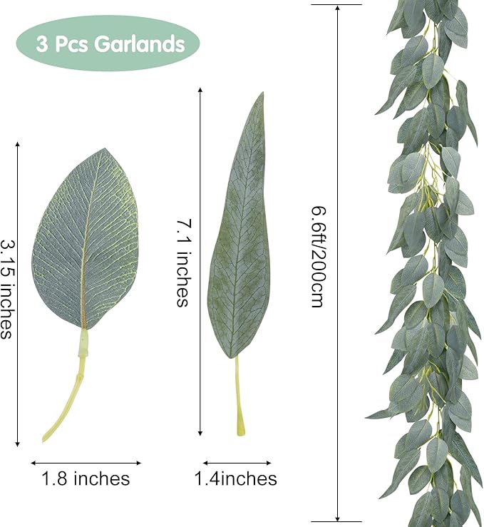 Ageomet 3pcs 6.6ft Eucalyptus Garland, Artificial Eucalyptus Vines Faux Hanging Garland with Fake Leaves for Wedding Party Table Backdrop, Arch Wall Garden Decor