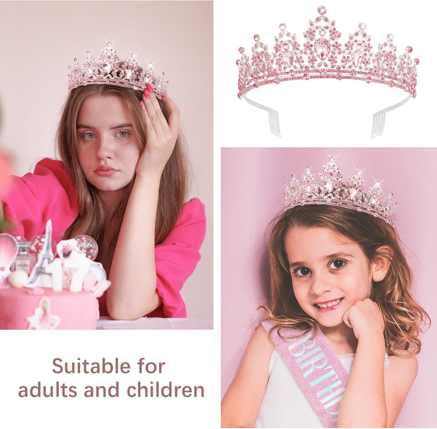CAVETEE Pink Birthday Crown for Women， Birthday Queen Crown and Sash Pink Party Decorations for Women
