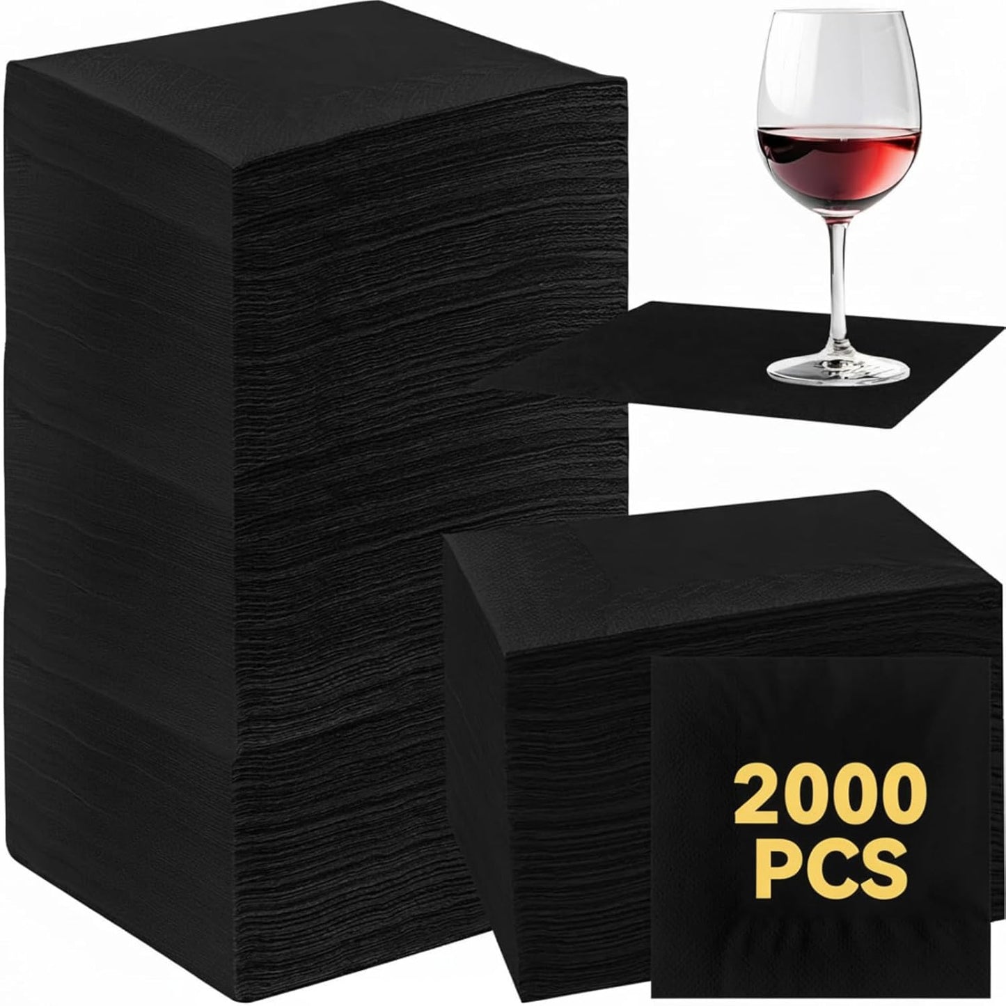 Henoyso 2000 Pack Black Cocktail Napkins Bulk, 9.8'' x 9.8'' 2 Ply Disposable 100% Bamboo Paper Napkins for Wedding Bar Party Birthday Dinner Beverage Holiday Elegant Restaurant Event