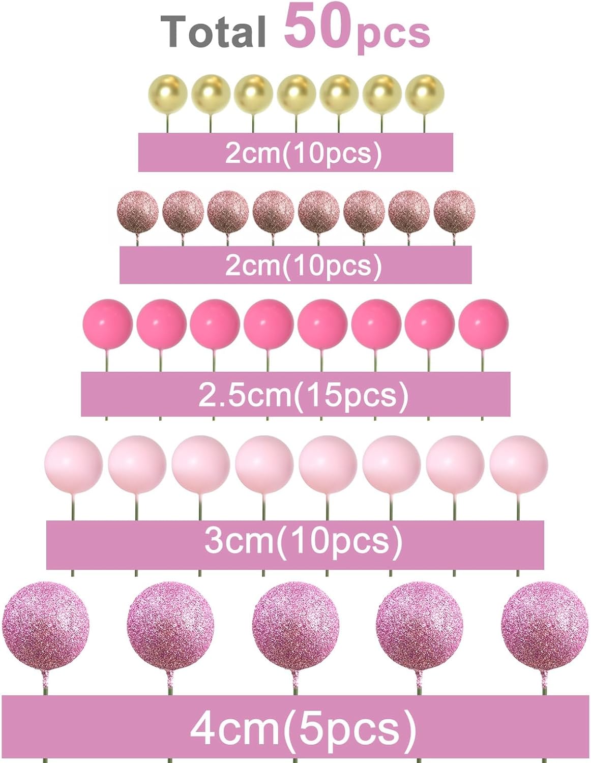 ASTARON 50 Pcs Ball Cake Topper Sticks Mini Balloons for Cake Decorating Supplies Foam Balls Cake decorations for Baby Shower Cake Birthday Cake Toppers Decorations (Pink Series)