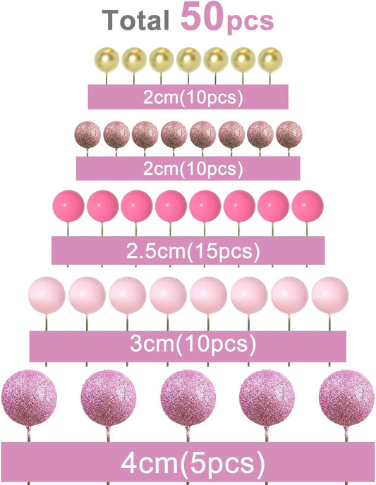 ASTARON 50 Pcs Ball Cake Topper Sticks Mini Balloons for Cake Decorating Supplies Foam Balls Cake decorations for Baby Shower Cake Birthday Cake Toppers Decorations (Pink Series)