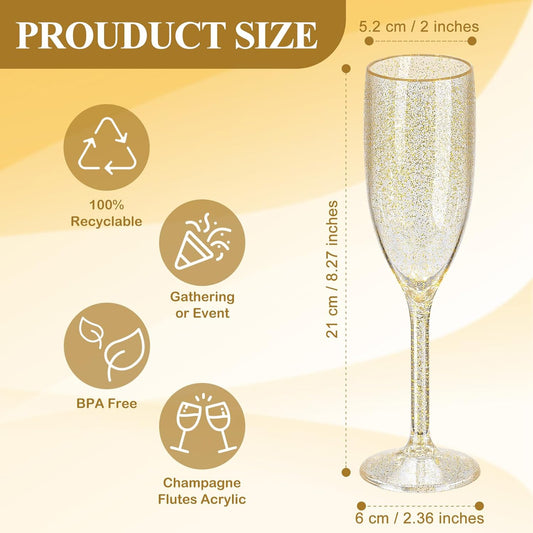 XUWAIDSGN 24 Pcs Champagne Flutes Plastic Wine Glasses Bulk Vintage Champagne Flutes Mimosa Bar Glasses Stemmed Drinking Cups 5.4OZ for Christmas Birthday Wedding Bride (24, Clear gold glitter)