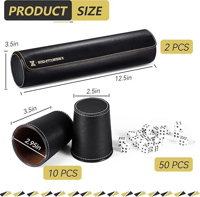 Leather Dice Cup Set, 5 Black Dice Cups + 25 Dices + Exclusive Storage and Transport Case Made of Faux Leather (Black x2)