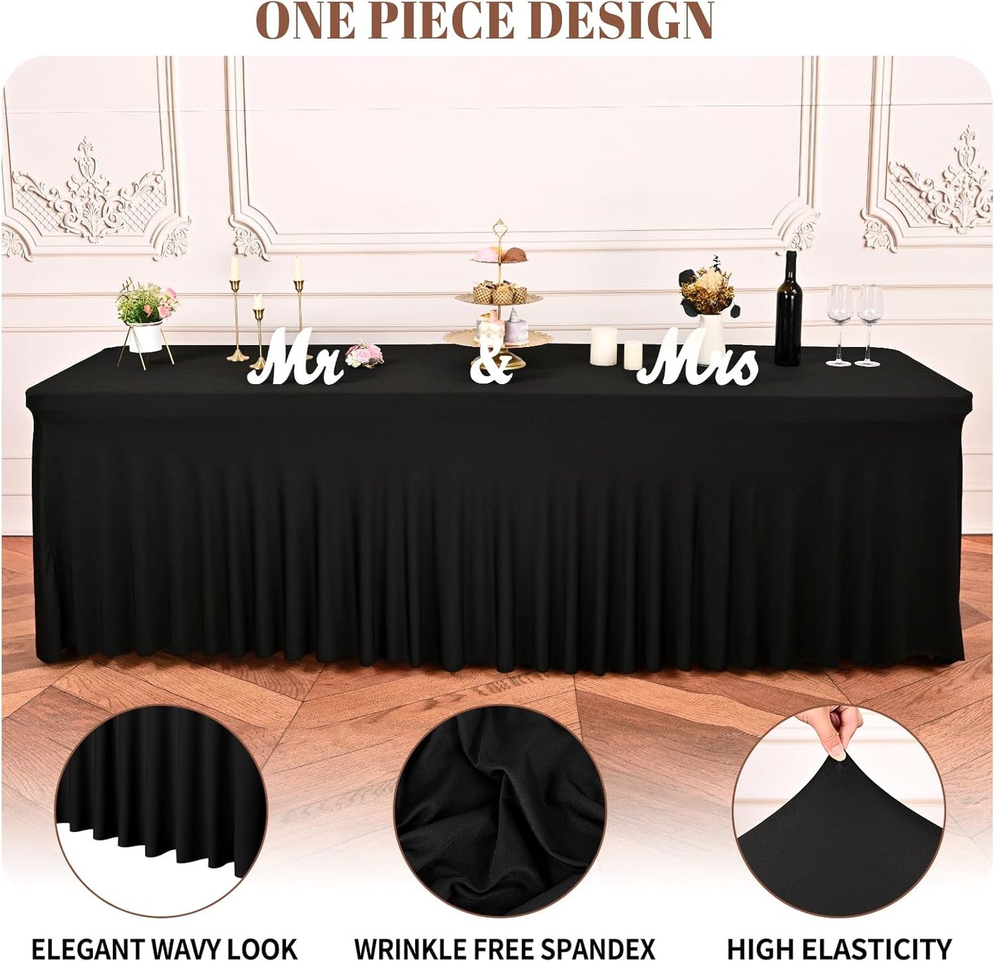 6 Packs Black Stretch Table Skirts for 8 Foot Rectangle Table, Washable Spandex Stretch Tablecloths with Skirt, Wrinkle Resistant Fitted Tablecover for Wedding Party Banquet