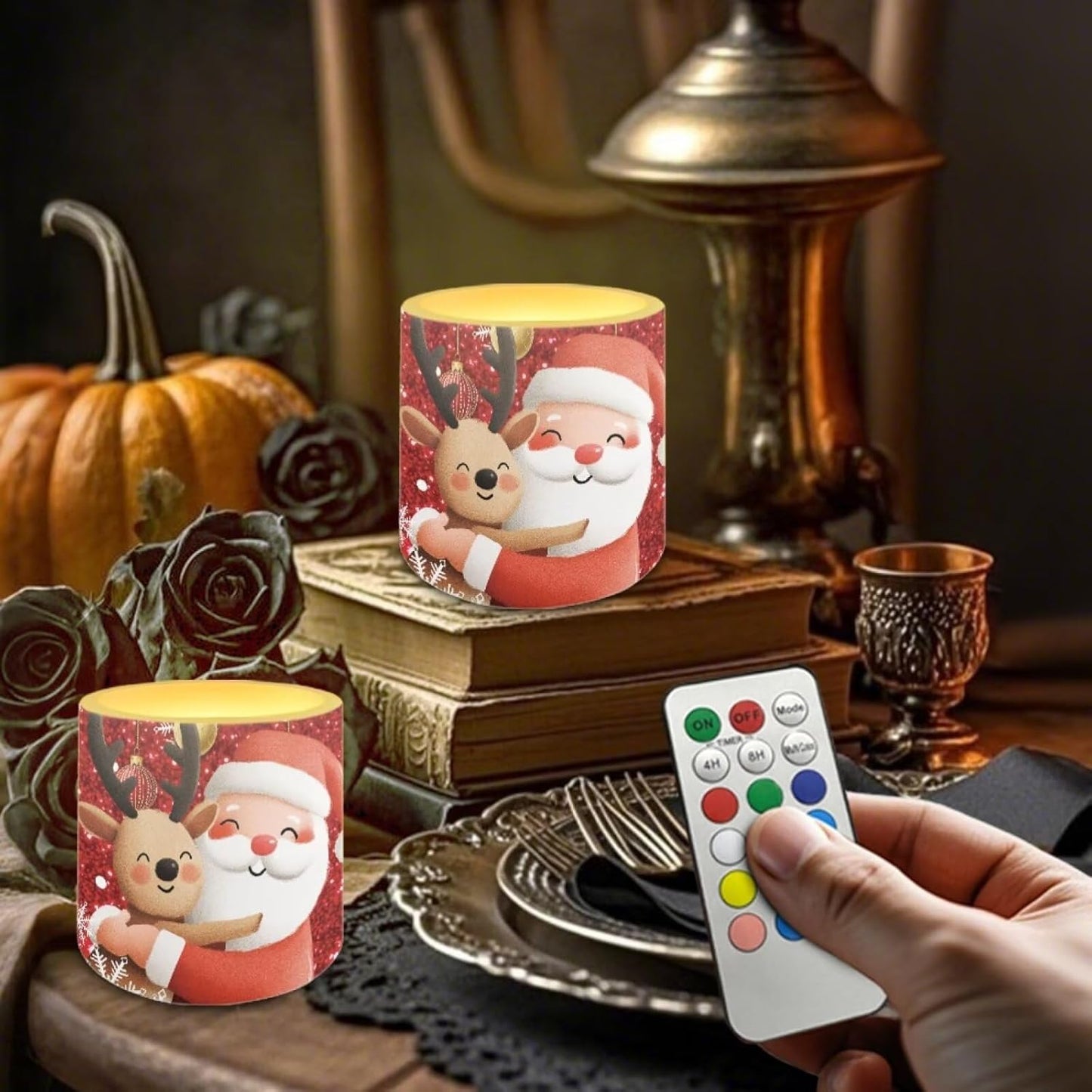 Poceacles Christmas LED Flameless Candles Set of 4 Multi-Color Battery Operated Fake Flickering Candles with Remote and Timer, for Holiday Festival Decorations, Santa Claus Reindeer Red