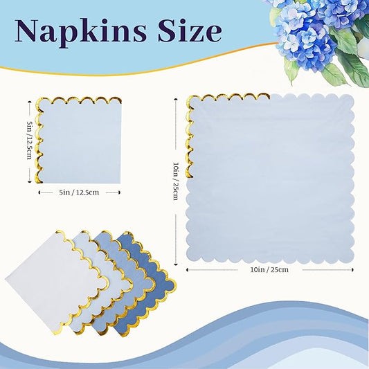 100 Pcs Blue Scalloped Napkins with Gold Foil Gradient Color Cocktail Napkin Folded 5 x 5 Beverage Napkins Disposable Paper Napkins for Birthday Party Supplies