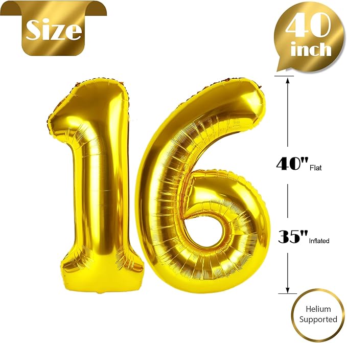 Gold Number 16 Balloon 40 inch, 16 Number Balloons, 16th Gold Birthday Decorations, 16 Year Old Girls Boys Golden Party Supplies