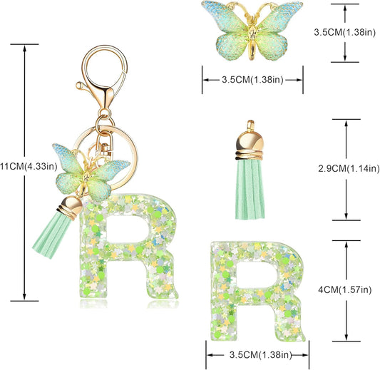 Fashion Alphabet Initial Letter Keychain Tassel Butterfly Pendant Key Ring for Purse Handbags Women Girl