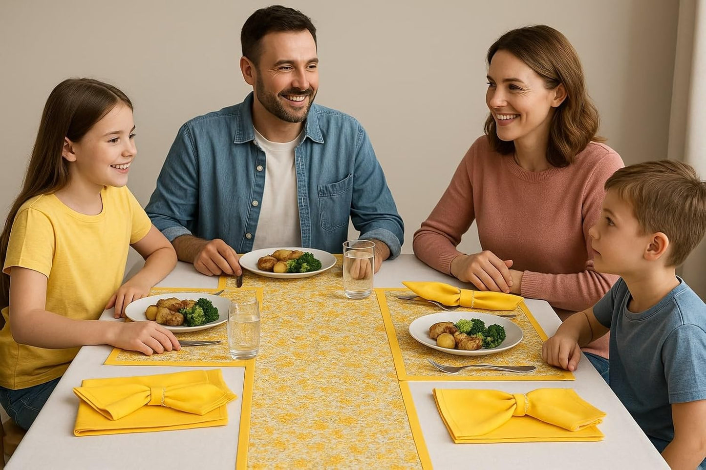 Indtresor Indian Heritage Fabric Cotton Table Linen Reversible Set Runner Napkins Mats in Yellow Orange