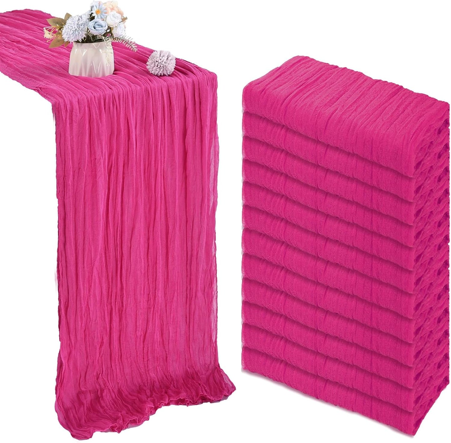 12 Pack 10FT Hot Pink Cheesecloth Table Runner 35x120 Inch Gauze Rustic Boho Table Runner Cheese Cloth for Wedding Decor Birthday Party Bridal Baby Shower Table Centerpiece Decoration