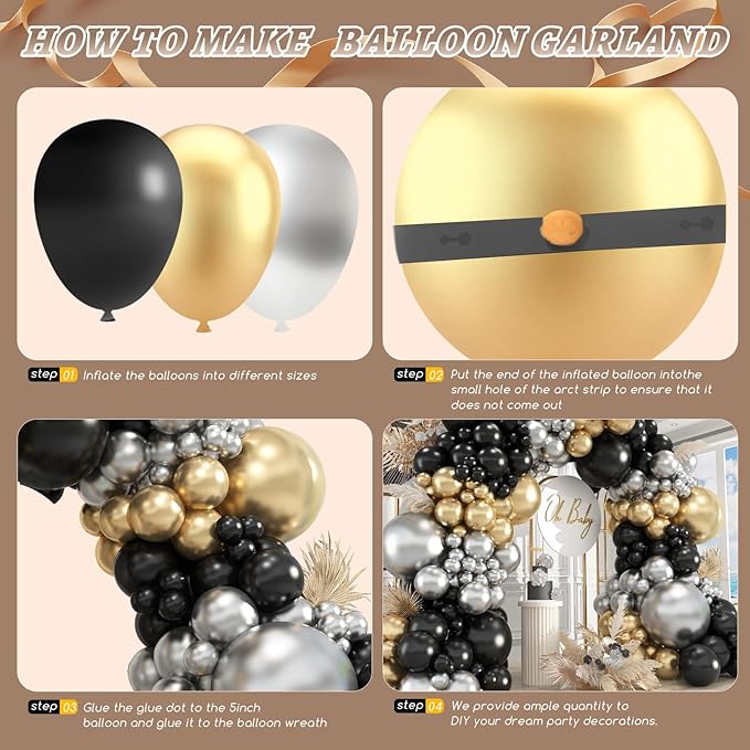 412Pcs Black Gold Silver Balloons Garland Arch Kit,18 12 10 5 Inch Different Size Latex Balloons for Graduation Birthday Wedding Party Decorations