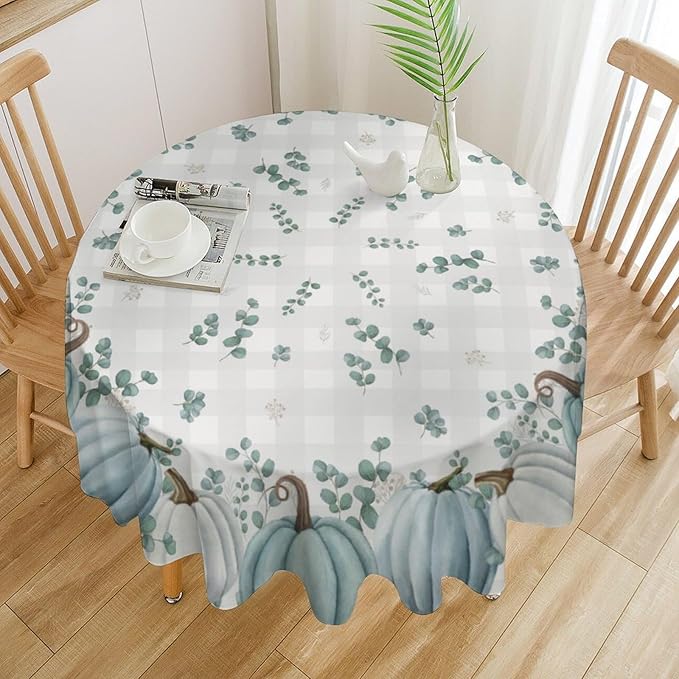 YCness Thanksgiving Pumpkin Tablecloth, Watercolor Eucalyptus Leaves Autumn Harvest Fall Watercolor Blue Gray Grid Table Cover for Party Picnic Dinner Kitchen 70x70 Inch Round