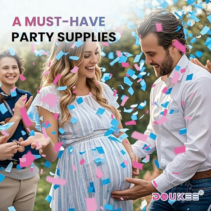 Gender Reveal Confetti Cannon, DOUKEE Biodegradable Pink or Blue Confetti Poppers Baby Shower Cannon for Boy or Girl Baby Reveal Party Supplies 2PK (1Pink 1Blue)