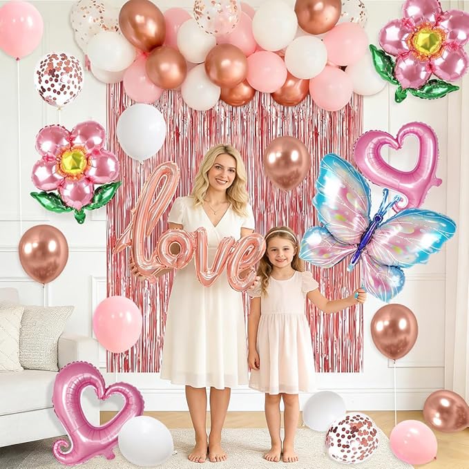 Mothers Day Decorations, Pink Rose Gold Happy Mother's Day Balloon Garland Kit with Best Mom Theme Love, Flower,Butterfly Balloons Foil Curtain for Girls Women Mother's Day Party Supplies