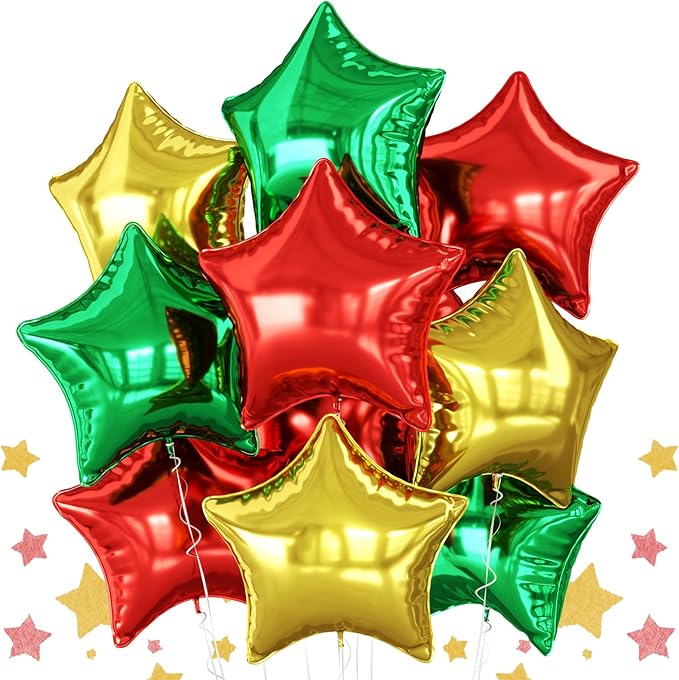 Red Green Gold Star Foil Balloons, 10PCS Xmas Foil Stars Shape Balloon, 18 Inch Large Metallic Stars Balloons Helium Pentagram Balloon for Birthday, Christmas, New Year, Baby Shower Party Decoration