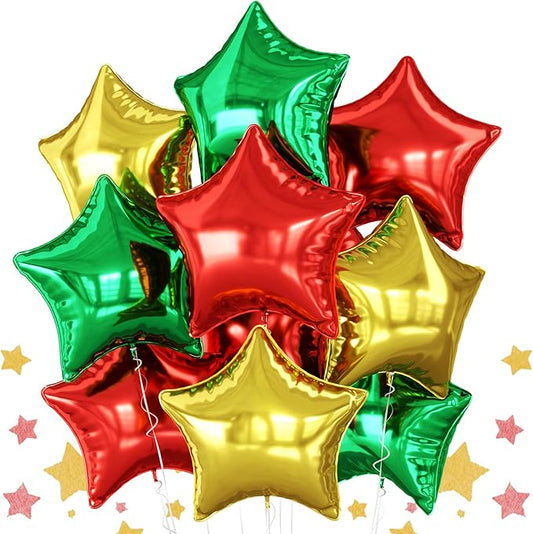 Red Green Gold Star Foil Balloons, 10PCS Xmas Foil Stars Shape Balloon, 18 Inch Large Metallic Stars Balloons Helium Pentagram Balloon for Birthday, Christmas, New Year, Baby Shower Party Decoration