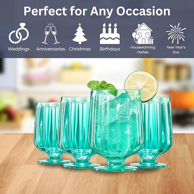 15oz Unbreakable Premium Drinking Glasses Set of 4 - Super Grade Acrylic Plastic - Perfect For Gifts - European Style Shatterproof BPA-free Glassware Dishwasher-Safe, Indoor & Outdoor (Green)