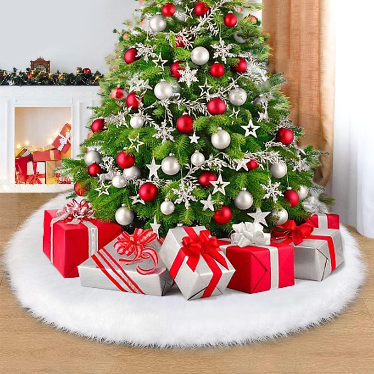 60 Inch Christmas Tree Skirt, Extra Large Snowy White Faux Fur Tree Skirt, Luxury Soft Plush Skirt for Merry Christmas Party Tree Decoration